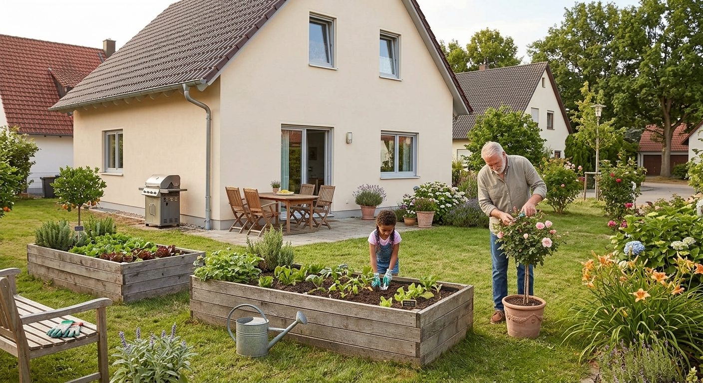 Großvater und Enkelin bei der Gartenarbeit vor einem Einfamilienhaus